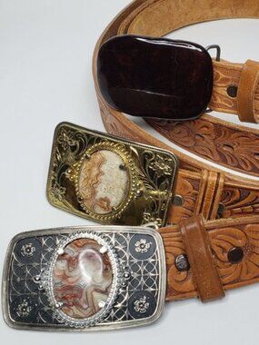 Vintage Three Handmade Western Leather Stone and Redwood Buckle Embossed Belts
